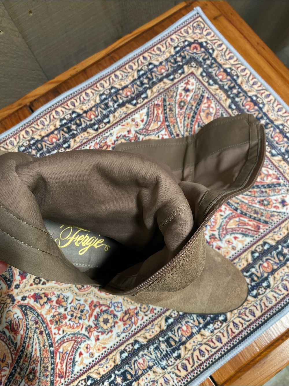 Fergie Taupe Suede Knee-High Block Heel Boots - Picture 14 of 14